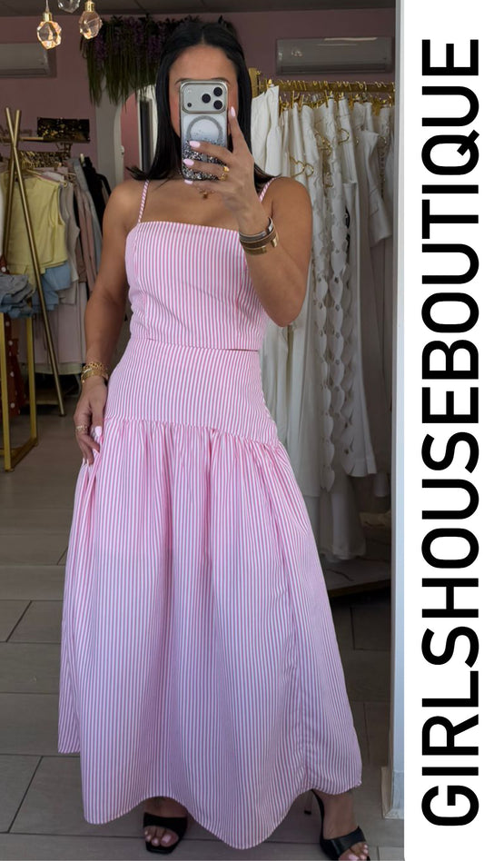 Pink & White Stripe Crop Top & Skirt Set