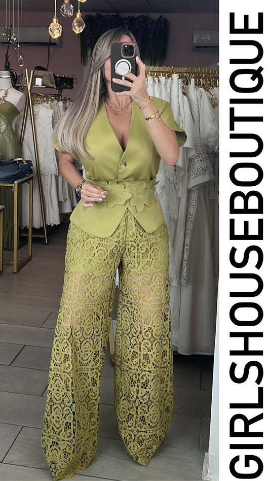 Avocado Bloom Lino Blazer & Lace Elegance Pant Set