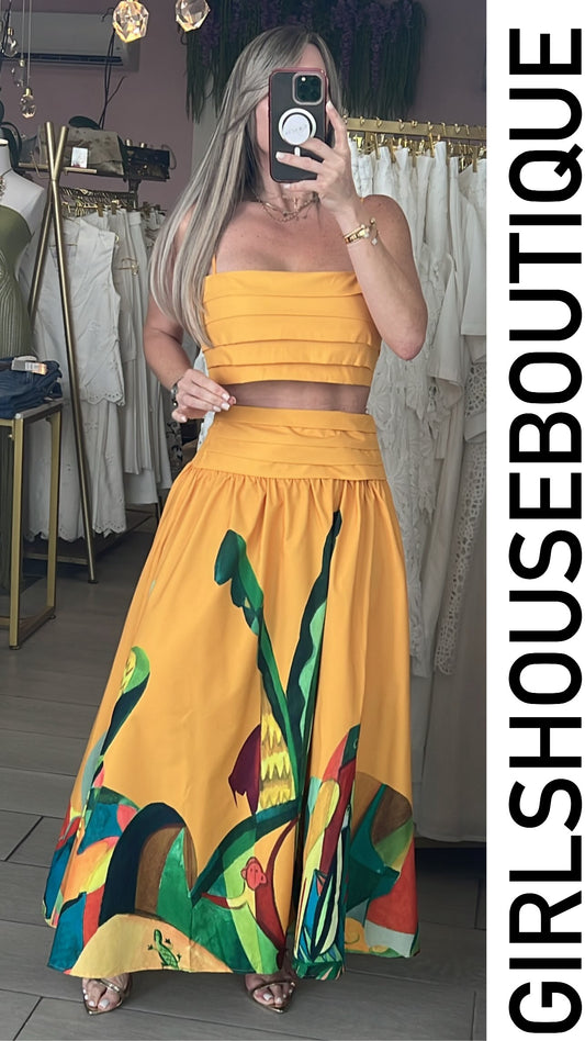 Yellow Tropical Crop Top & Skirt Set