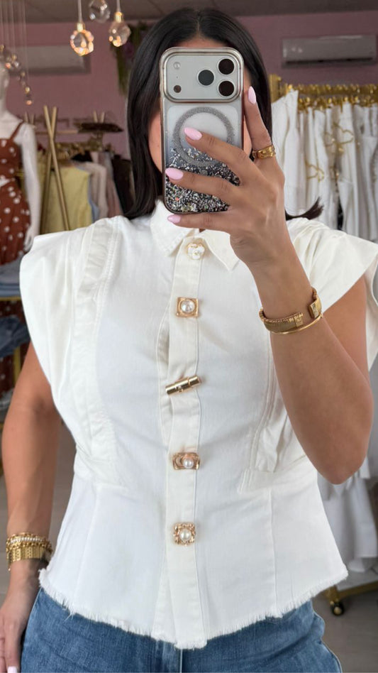 White Denim & Gold Pendant Top