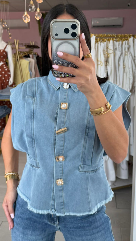 Light Denim & Gold Pendant Top