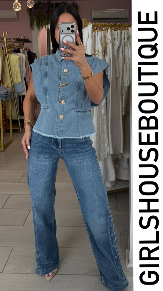 Light Denim & Gold Pendant Top