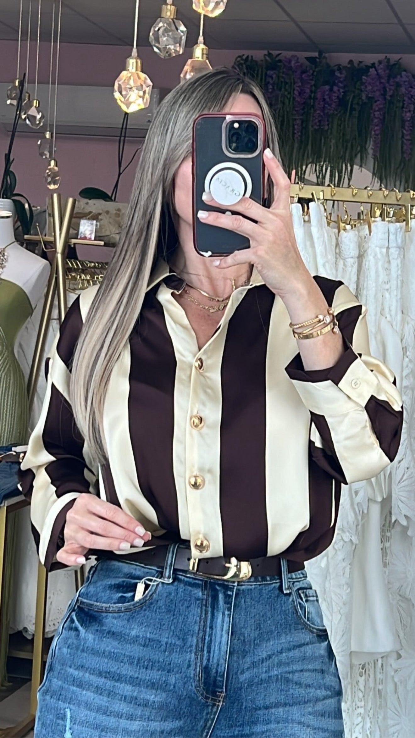 Champagne & Choco Stripe Satin Blouse