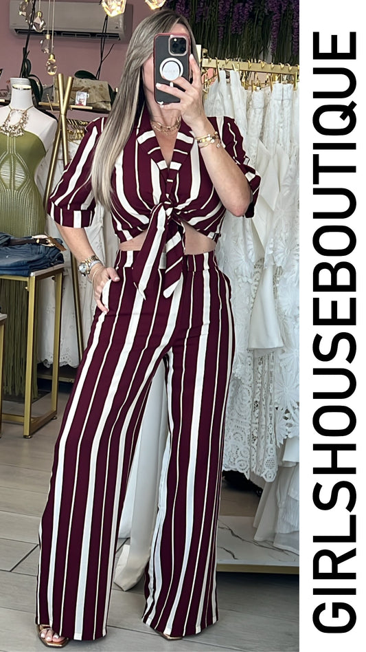 Wine & White Satin Stripe Blouse & Pant Set