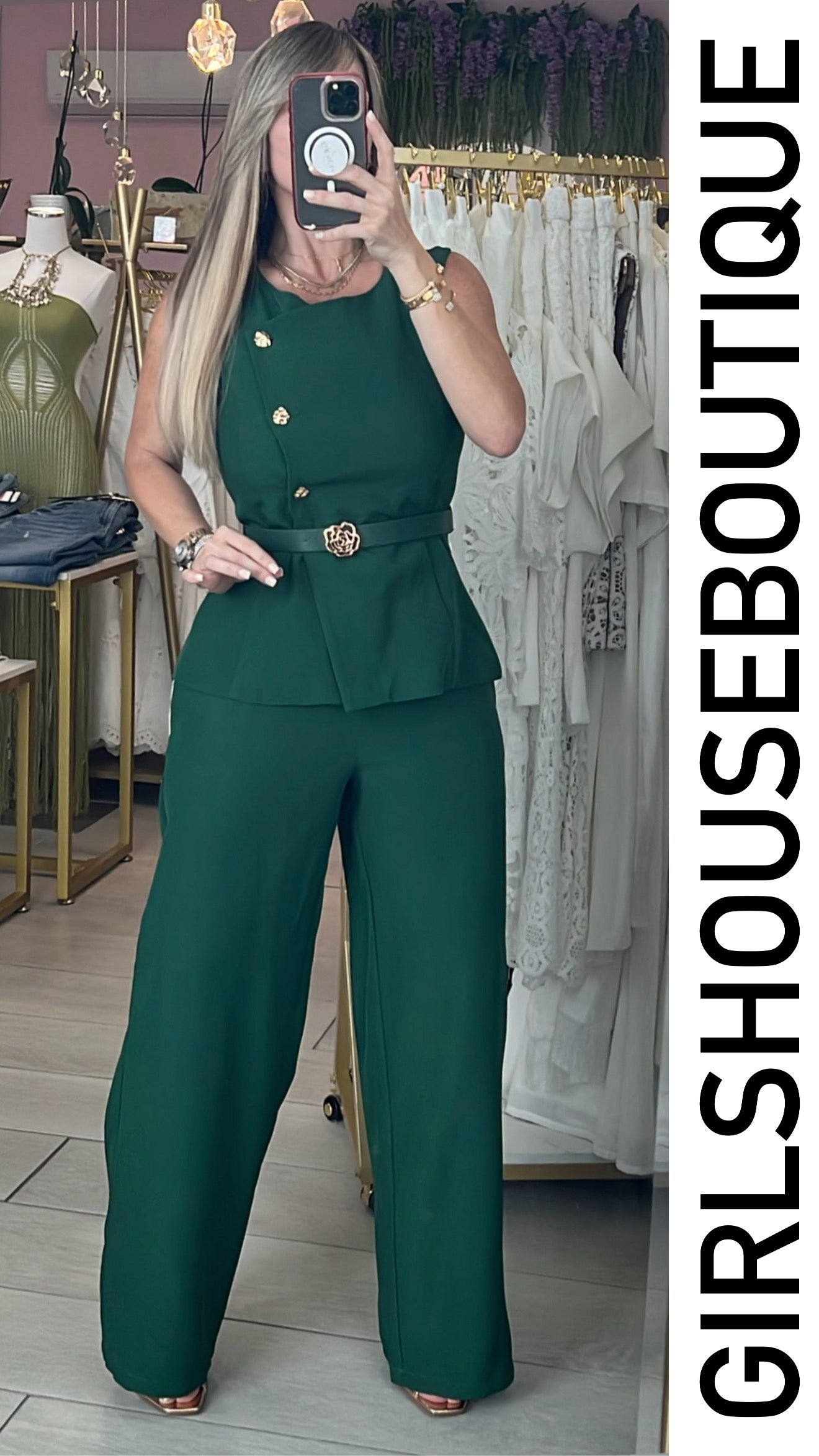Green Forest Diagonal Gold Buttons Vest & Pant Set