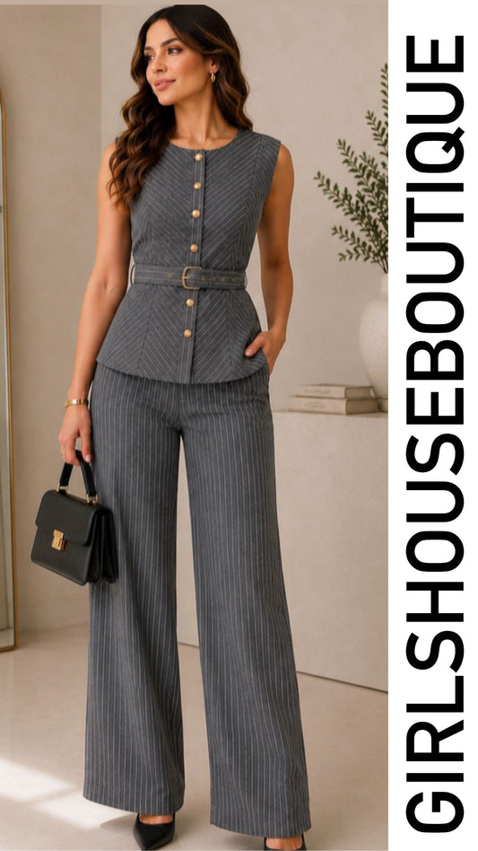 Grey/Stripe Gold Buttons & Belt Classic Vest & Pant Set