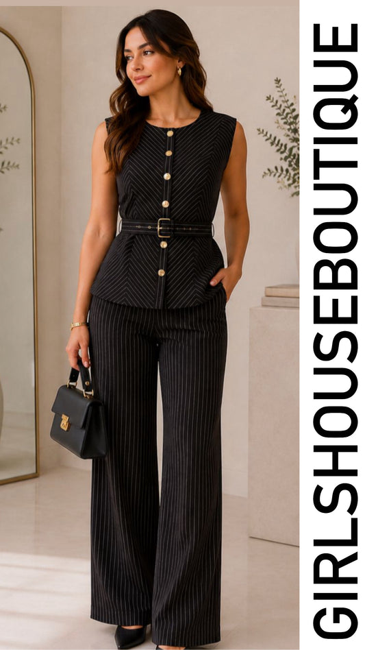 Black/Stripe Gold Buttons & Belt Classic Vest & Pant Set