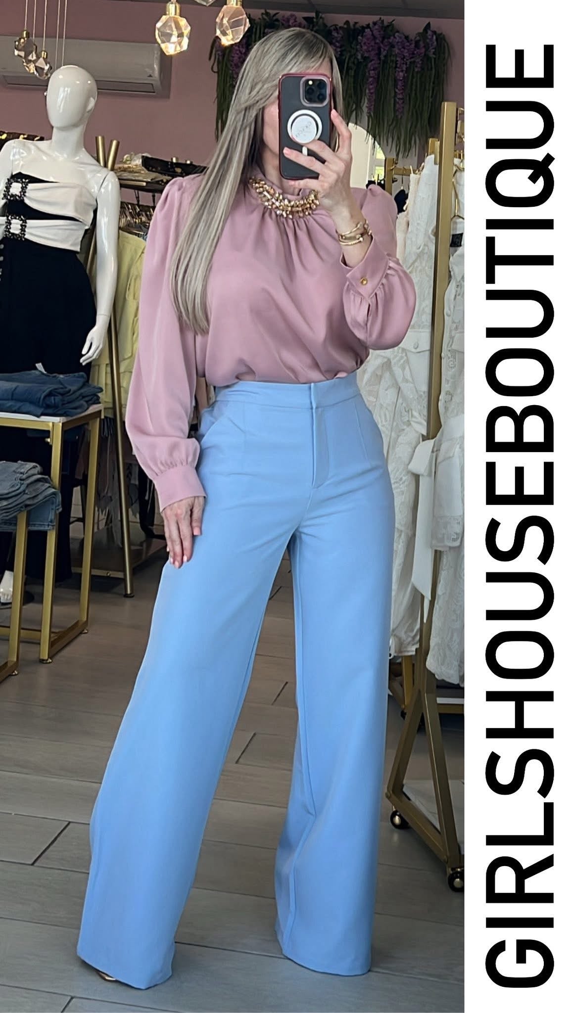 Rose & Crystal Neck Details Blouse