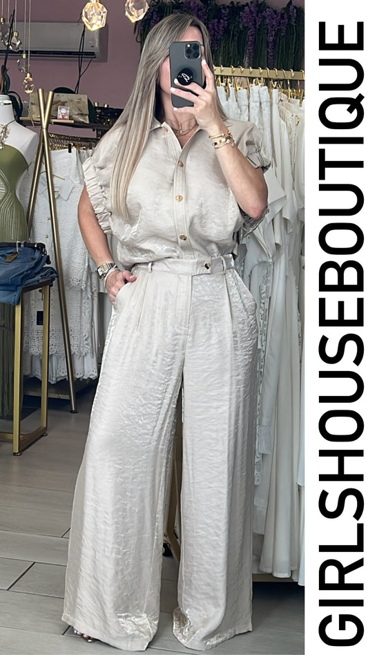 Champagne Metallic Glam Elegance Blouse & Pant Set