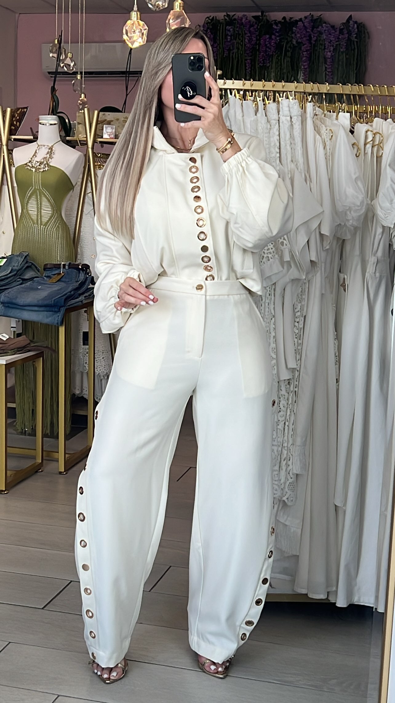 Ivory Gold Ring Parisian Zip-up Jacket & Barrel Pant Set