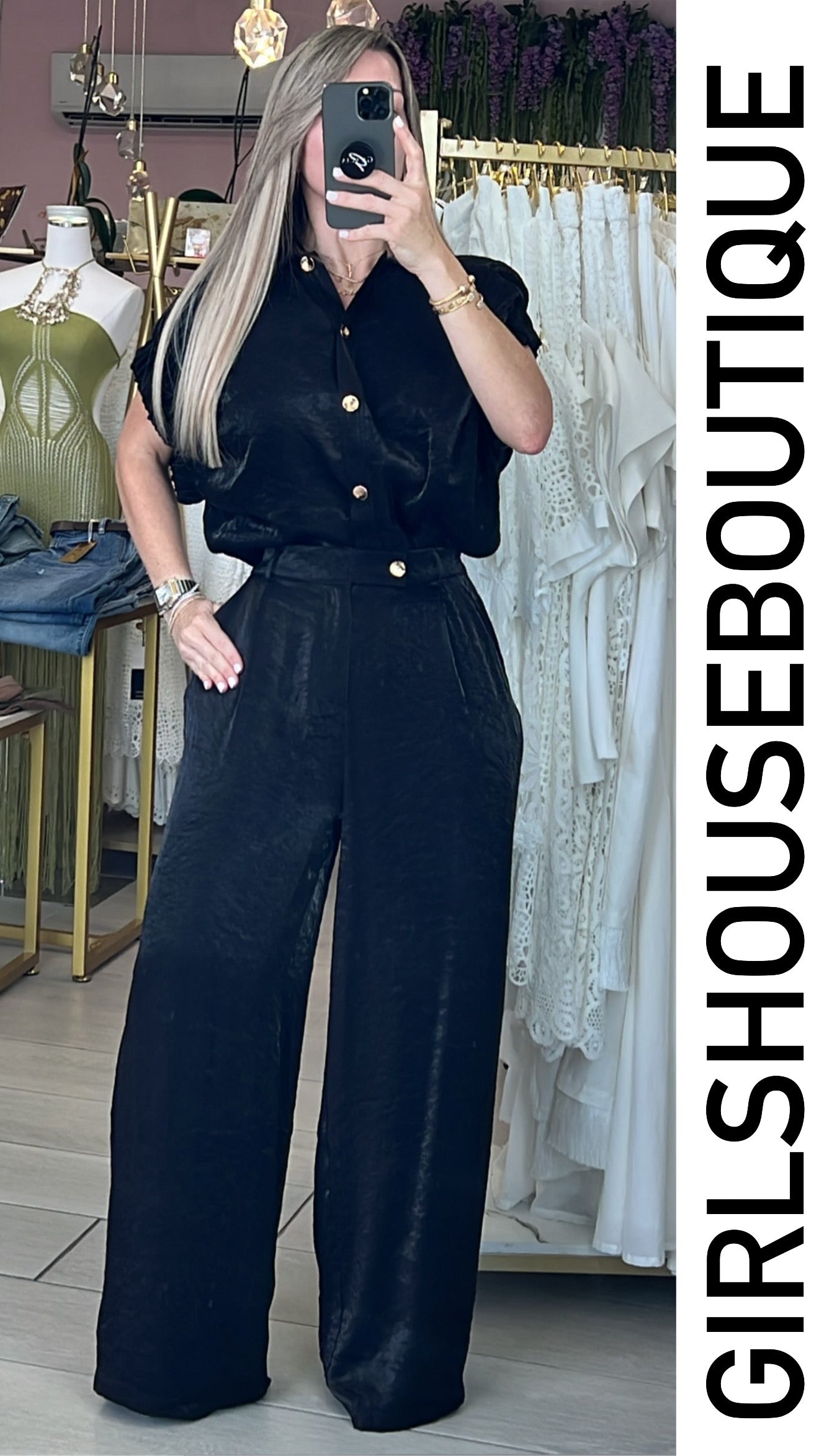 Black Metallic Elegance Blouse & Pant Set