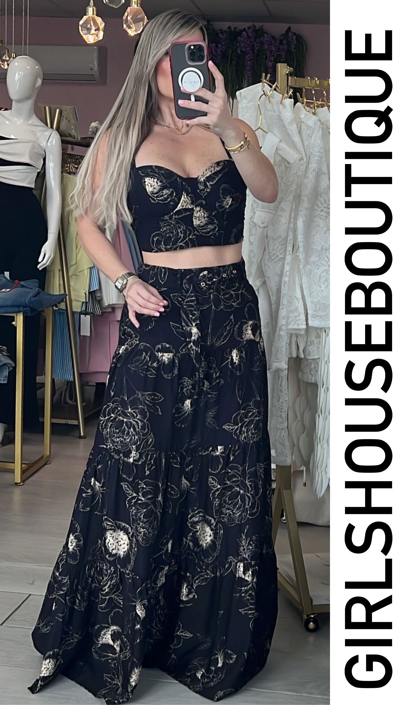 Noir Floral Top & Skirt Set