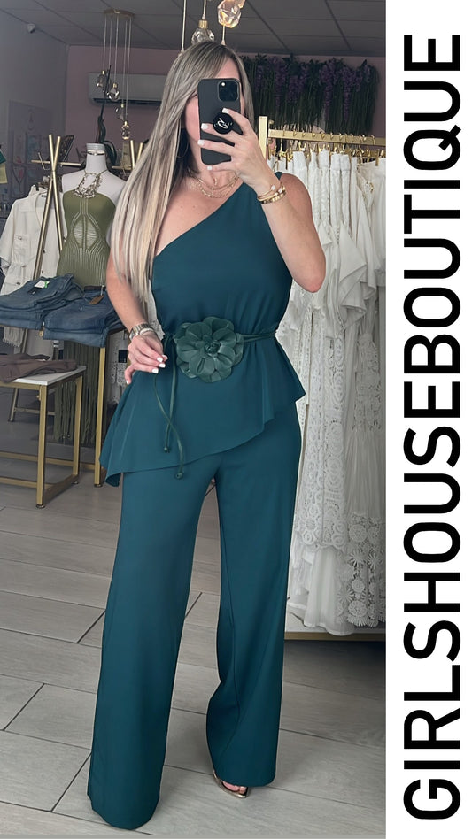 Hunter Green Asymetric One Shoulder & Flower Leather Jumpsuit