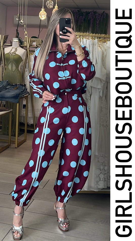 Wine & Baby Blue Dots Oriental Jacket & Pant Set