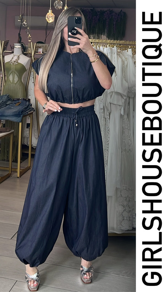 Mónaco Dark Denim Zip-up Top & Pant Set
