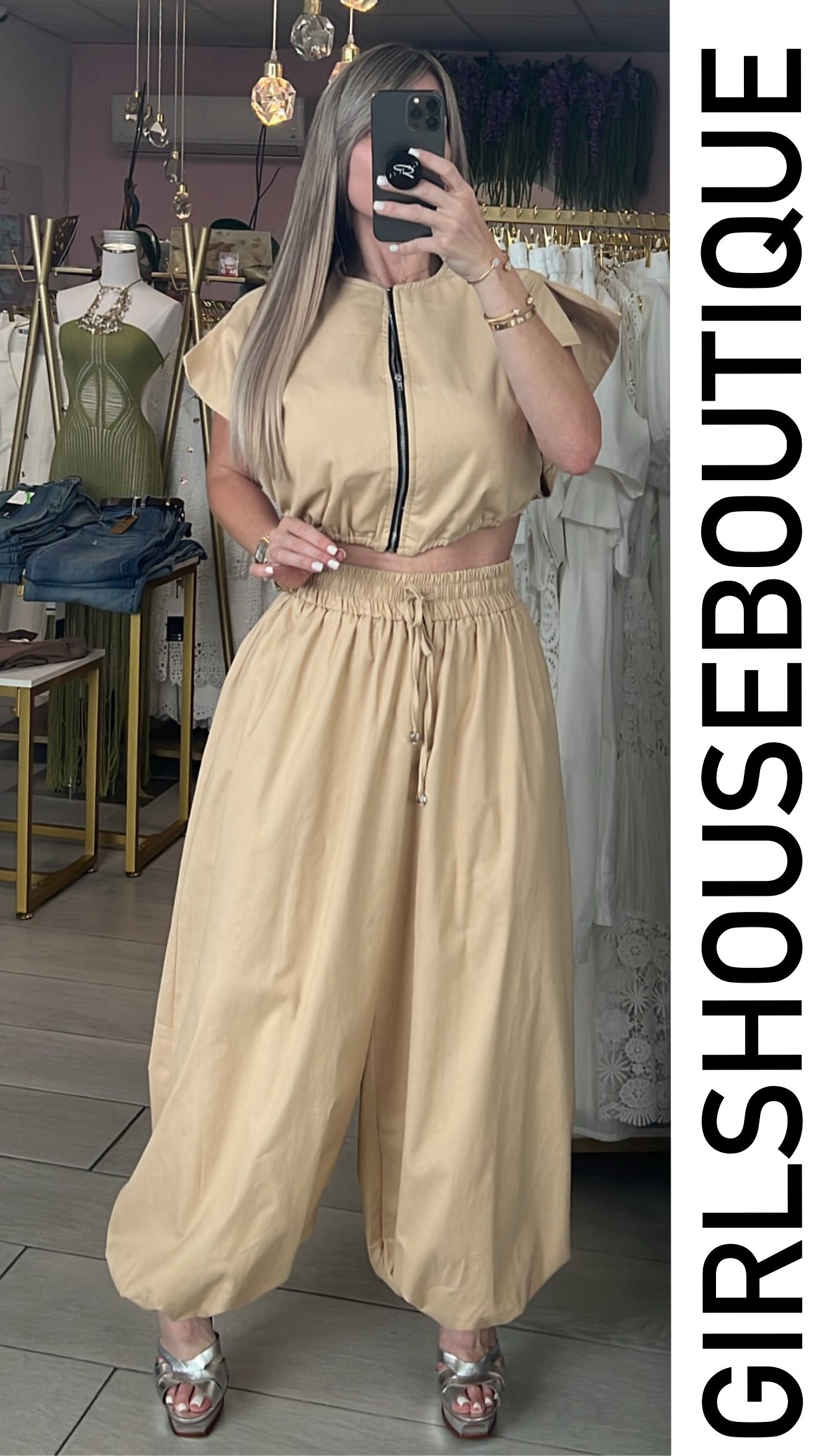 Mónaco Kaky Zip-up Top & Pant Set