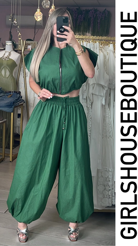 Mónaco Green Zip-Up Top & Pant Set