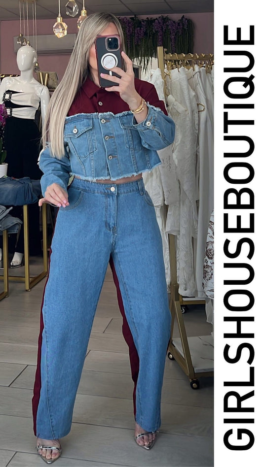 Wine/Denim Jacket & Pant Set