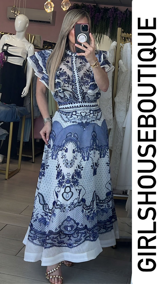 Milano Blue Skirt & Ruffle Sleeve Blouse Set