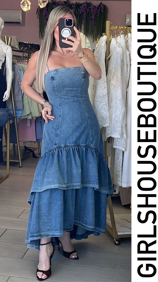 Duquesa Denim & Ruffle Maxxi Dress