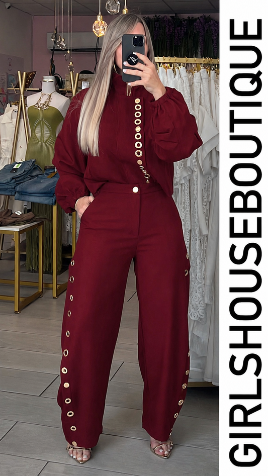 Wine Gold Ring Parisian Zip-Up Jacket & Barrel Pant Set