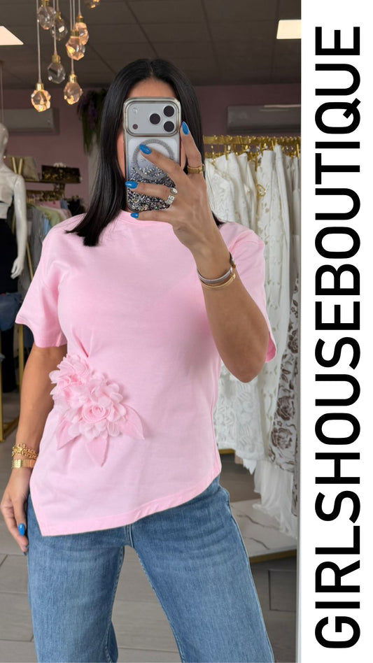 Pink Flower Asymetric Shirt