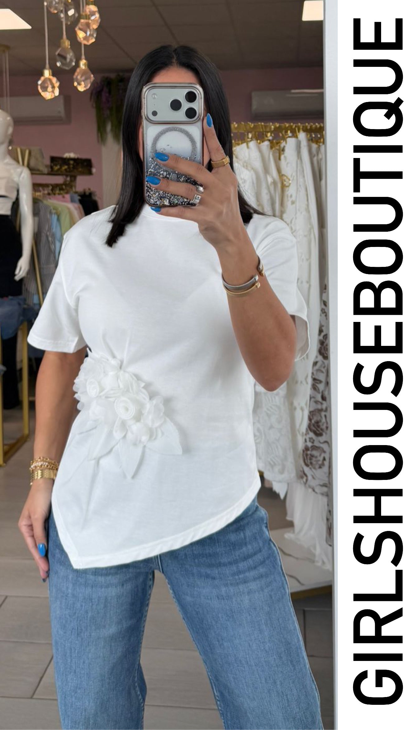 White Flower Asymetric Shirt