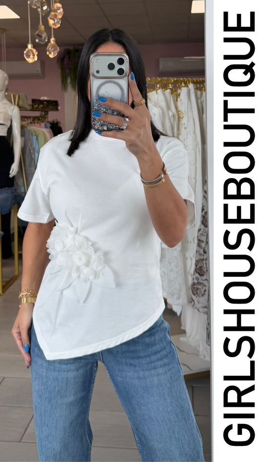 White Flower Asymetric Shirt