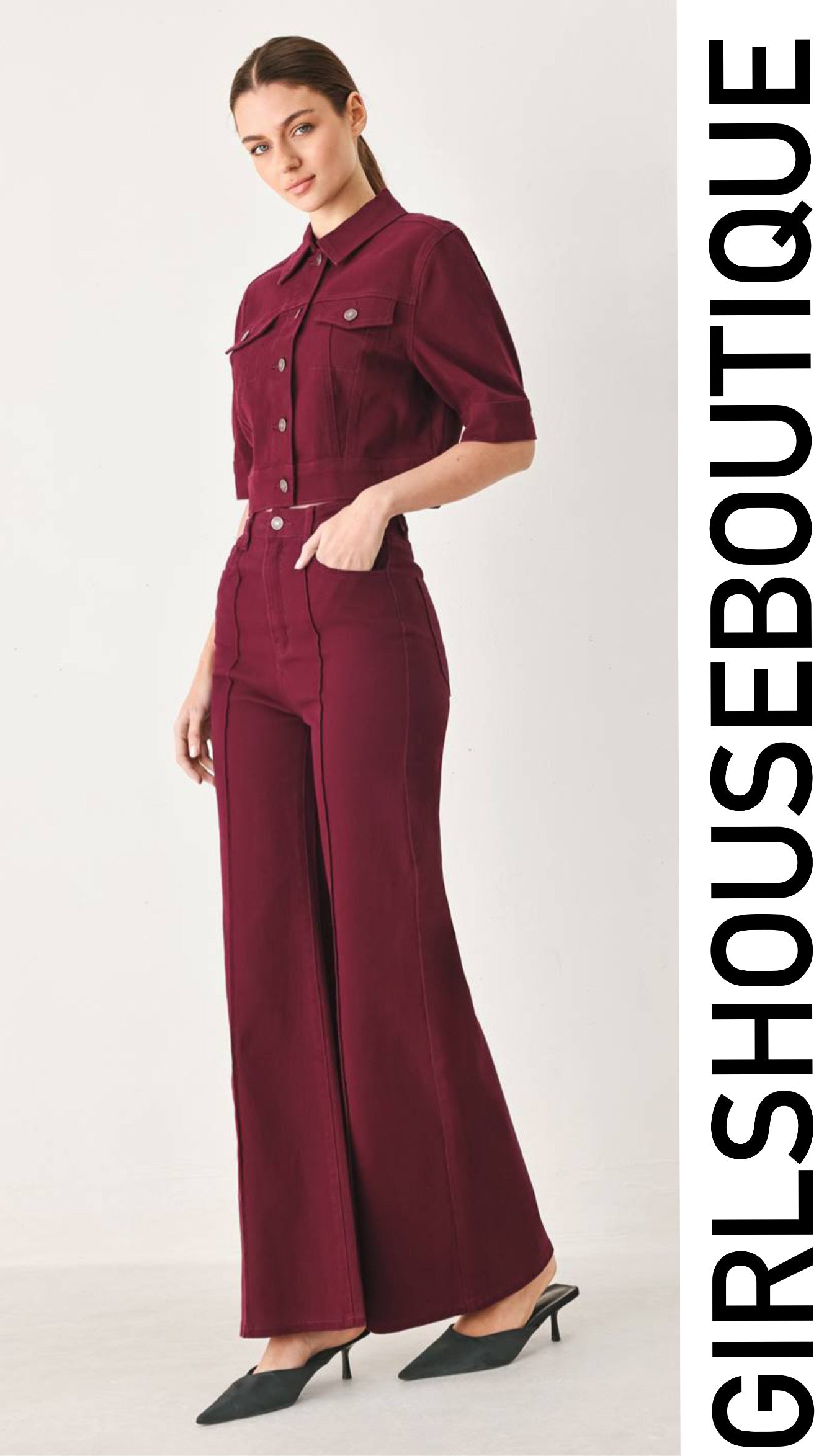 Wine Denim Jacket Short Sleeve & Strech Pant Set