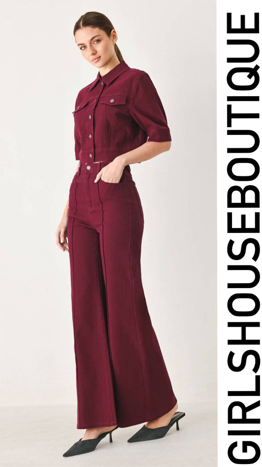 Wine Denim Jacket Short Sleeve & Strech Pant Set