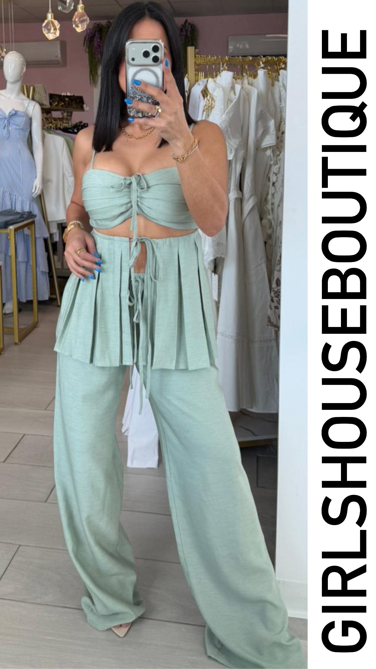 Sage Linen Spring Design Top & Pant Set