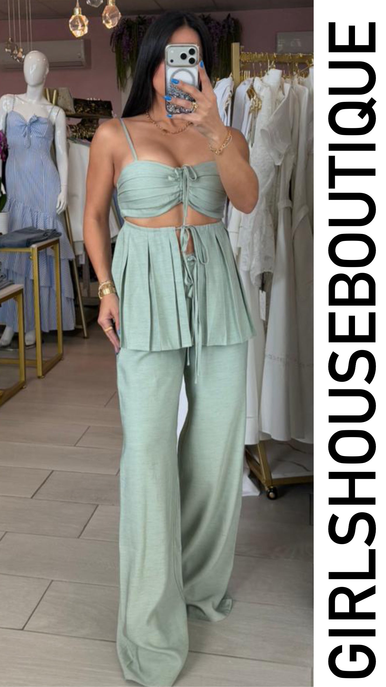Sage Linen Spring Design Top & Pant Set