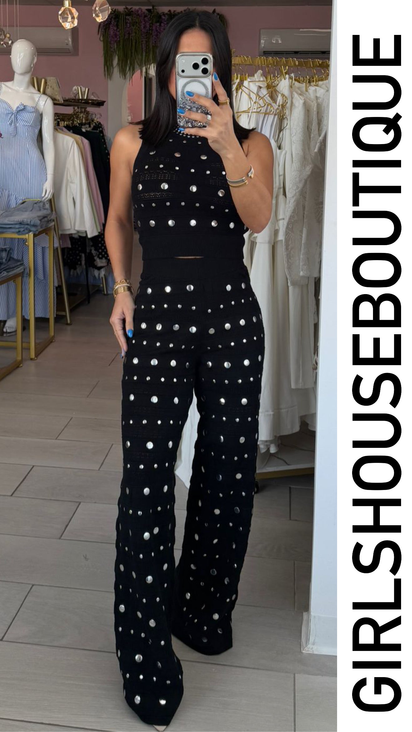 Sweater Black & Metallic Dots Pant Set