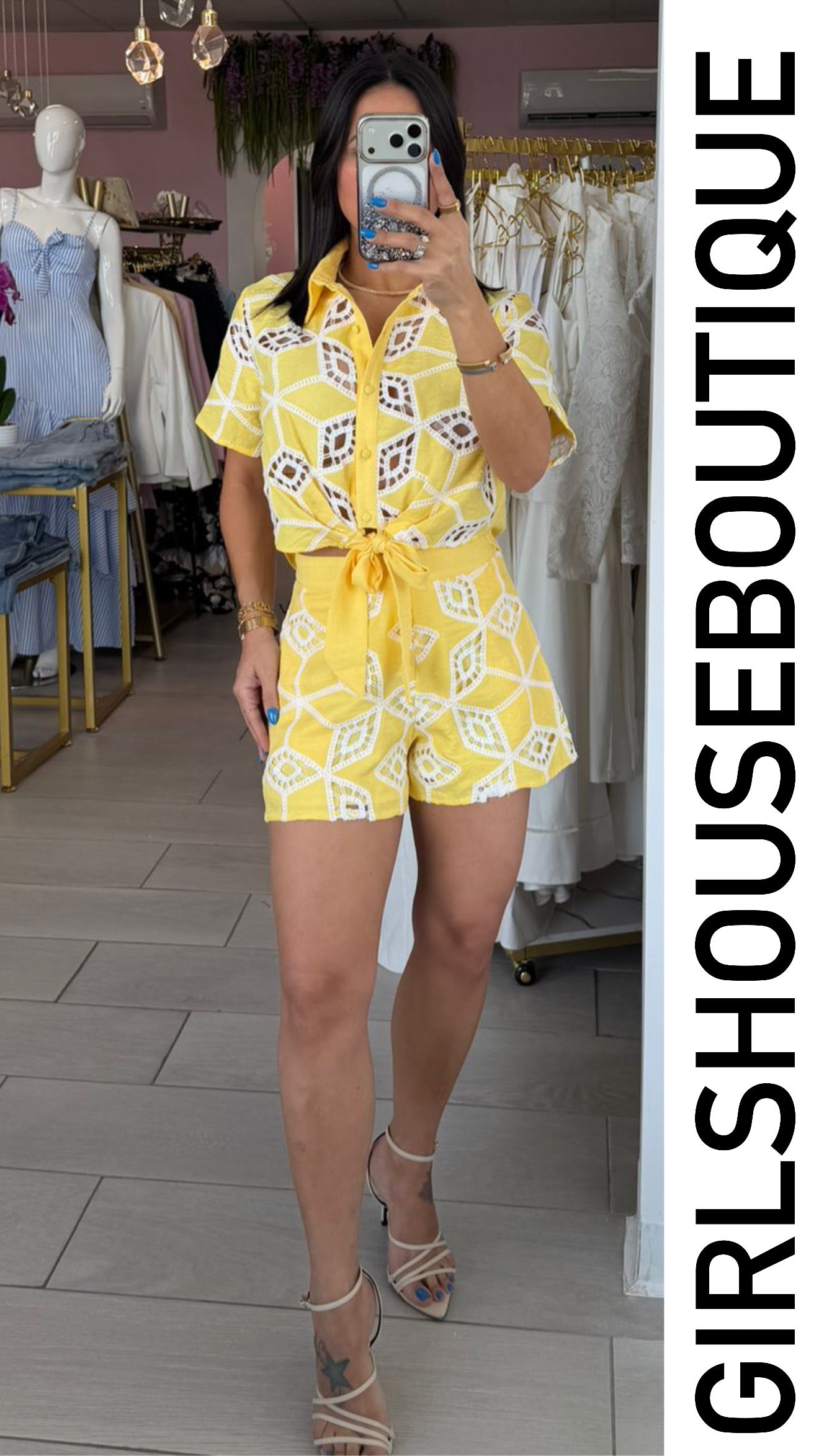 Yellow & White Embroidery Short Set