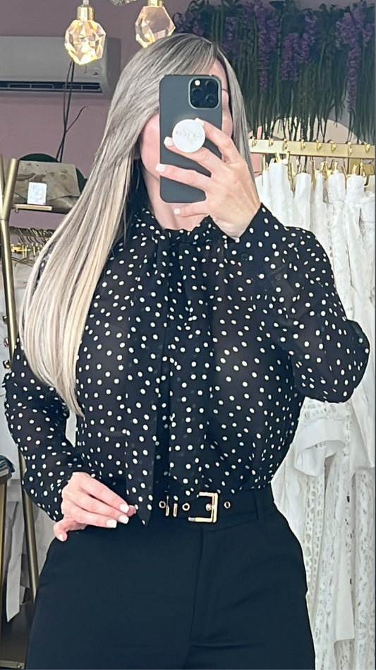Black/White Polka Dots Long Sleeve Blouse