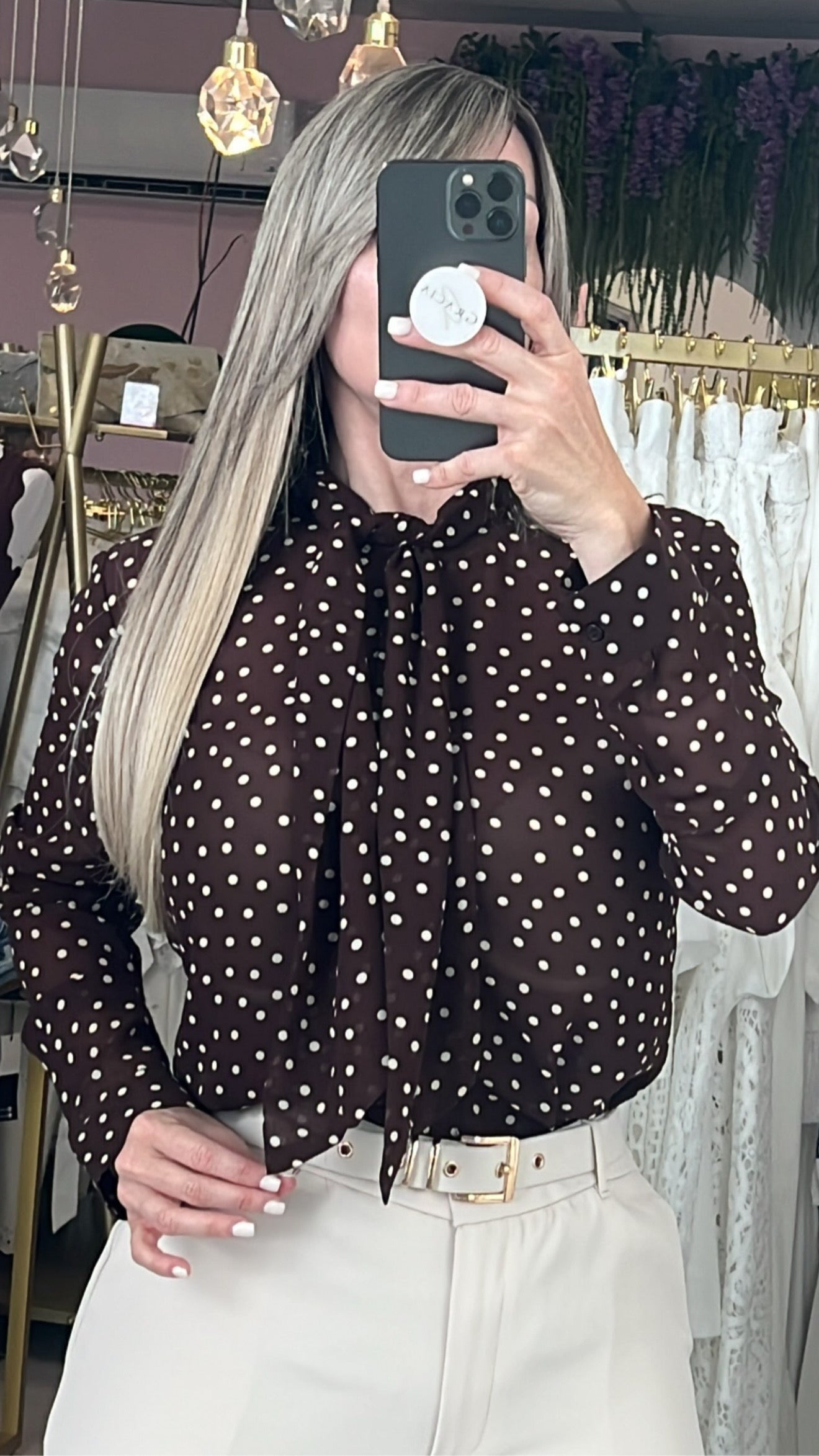 Choco/Creme Dots Long Sleeve Elegance Blouse