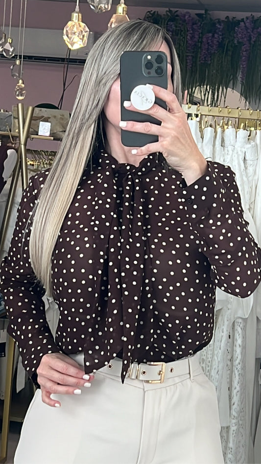 Choco/Creme Polka Dots Long Sleeve Blouse