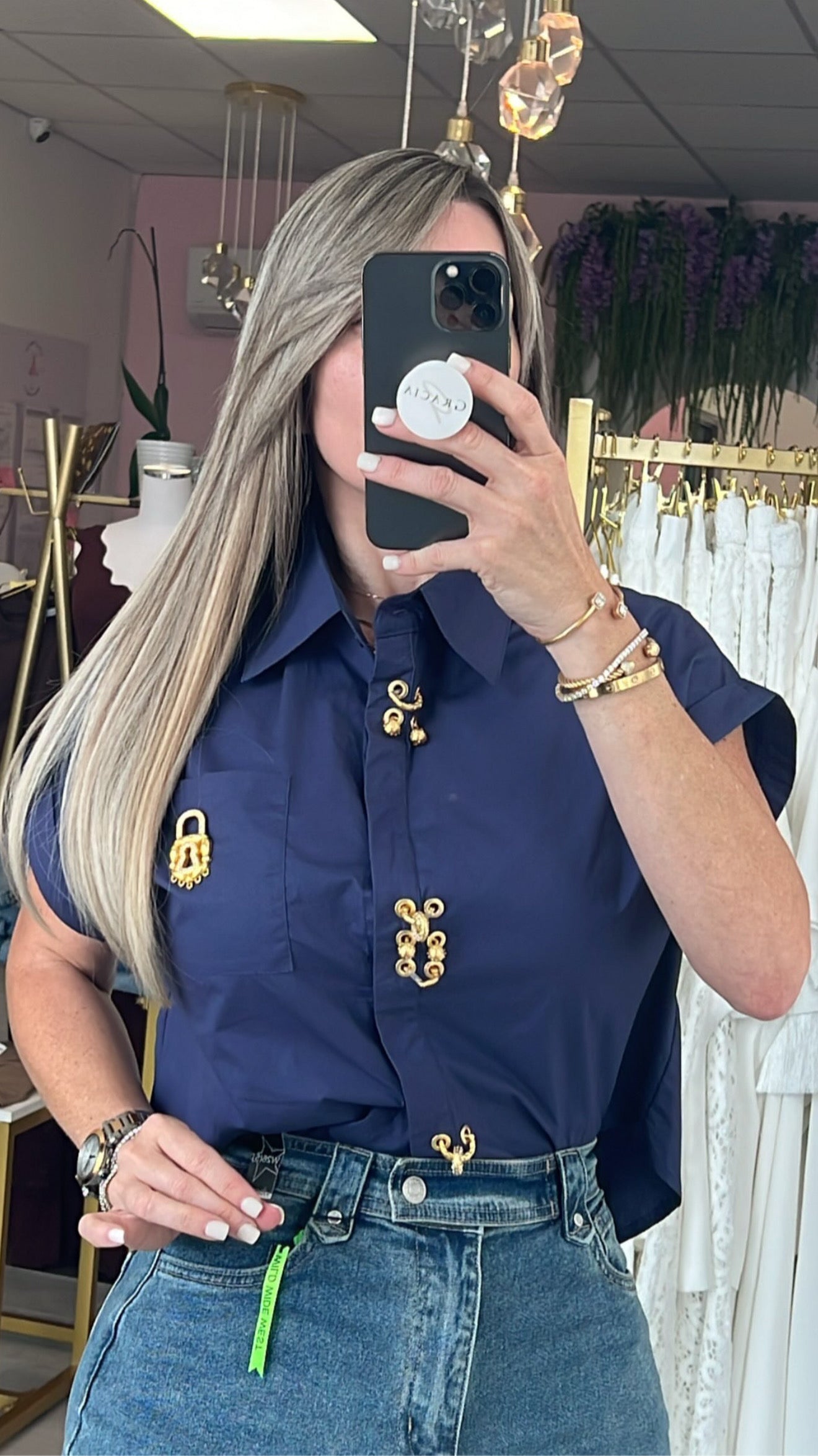 Navy Gold Charm Glam Shirt