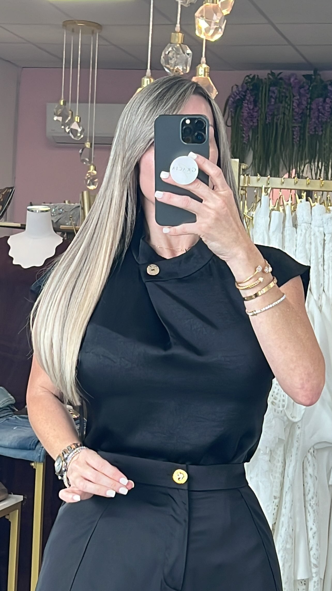 Black Textured Satin Blouse