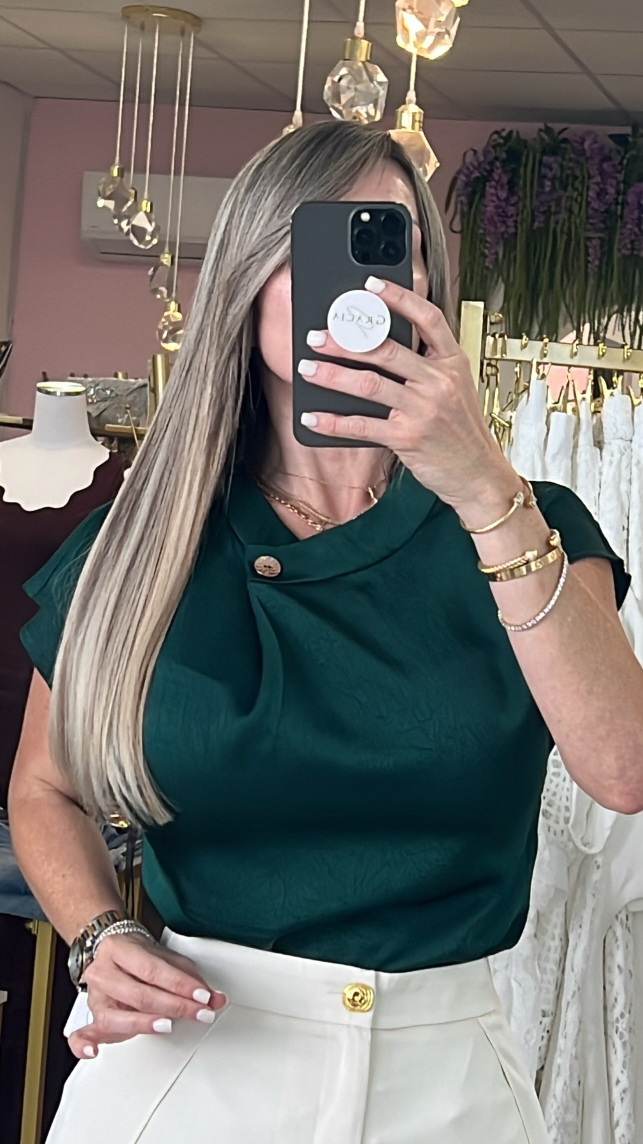 Hunter Green Textured Satin Blouse