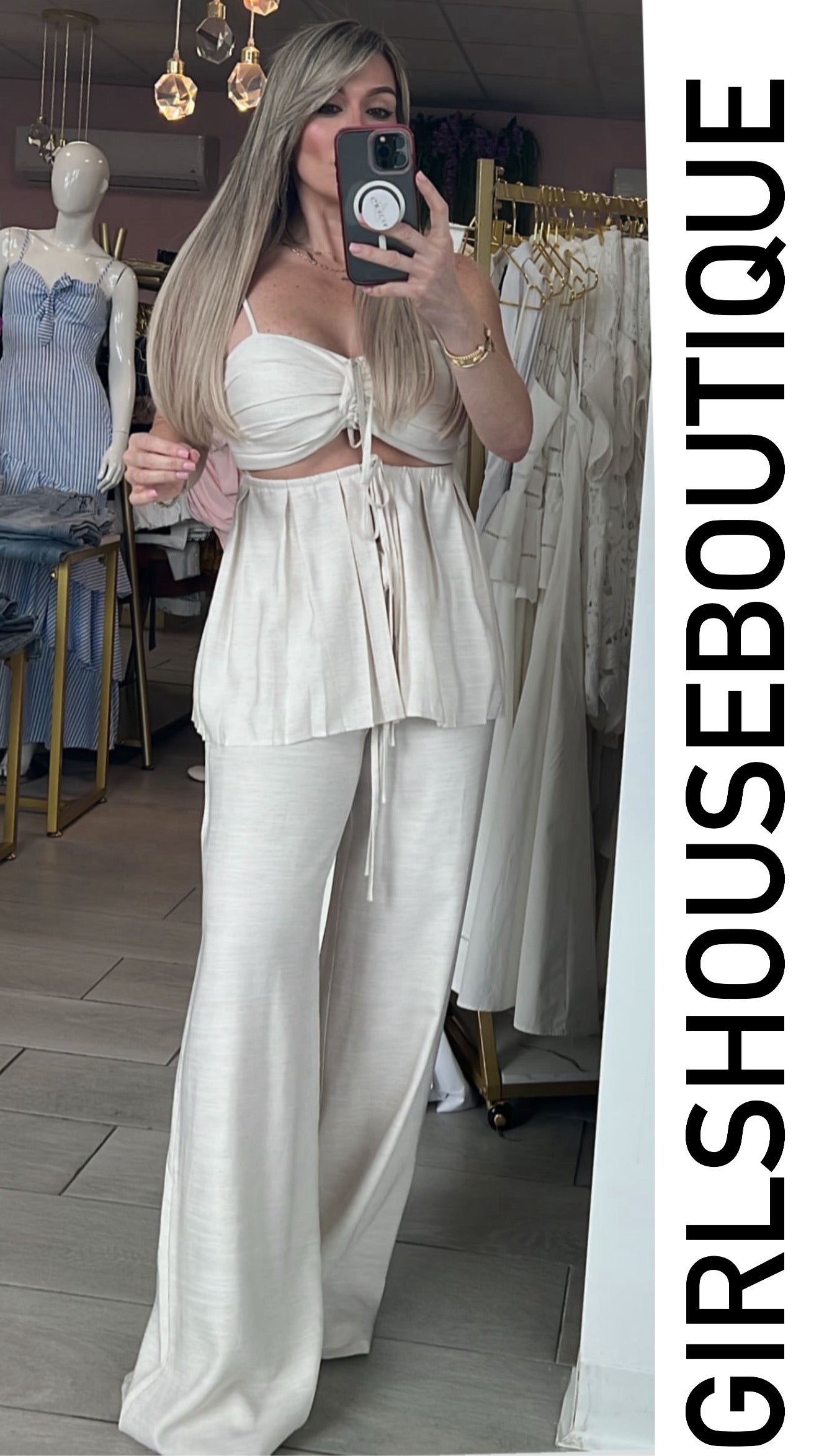 Sand Linen Spring Pleated Top & Pant Set