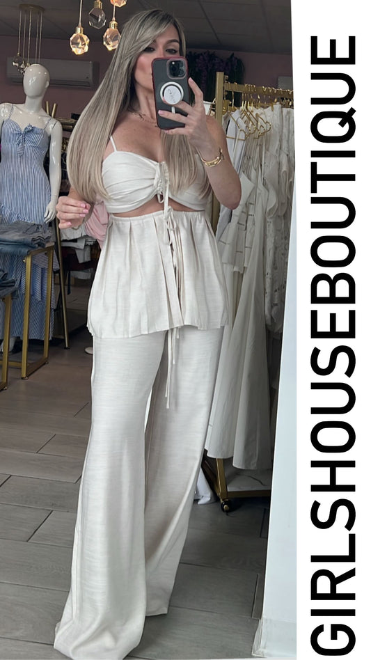Sand Linen Spring Pleated Top & Pant Set
