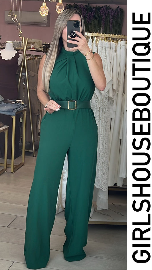Hunter Green Turtle Neck Design Jumpsuit (Belt Included)