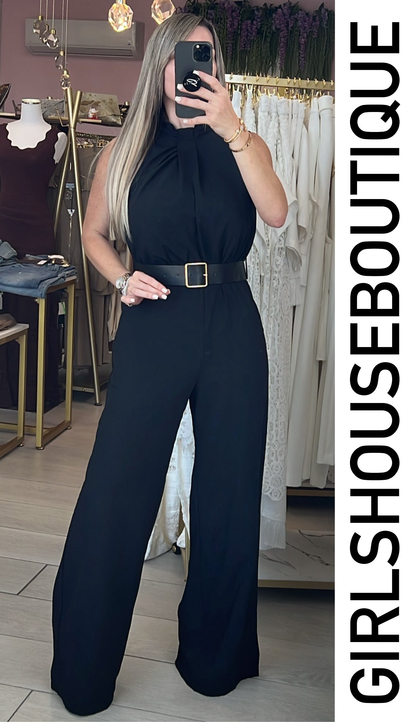 Black Turtle Neck Design Jumpsuit (Belt Included)