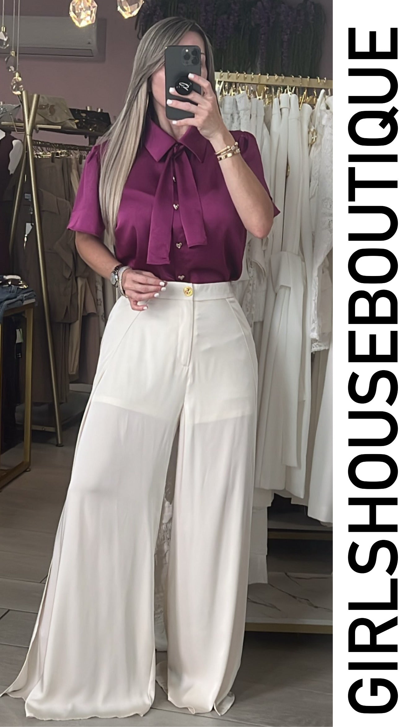 Magenta Satin/Gold Heart Front Buttons Blouse