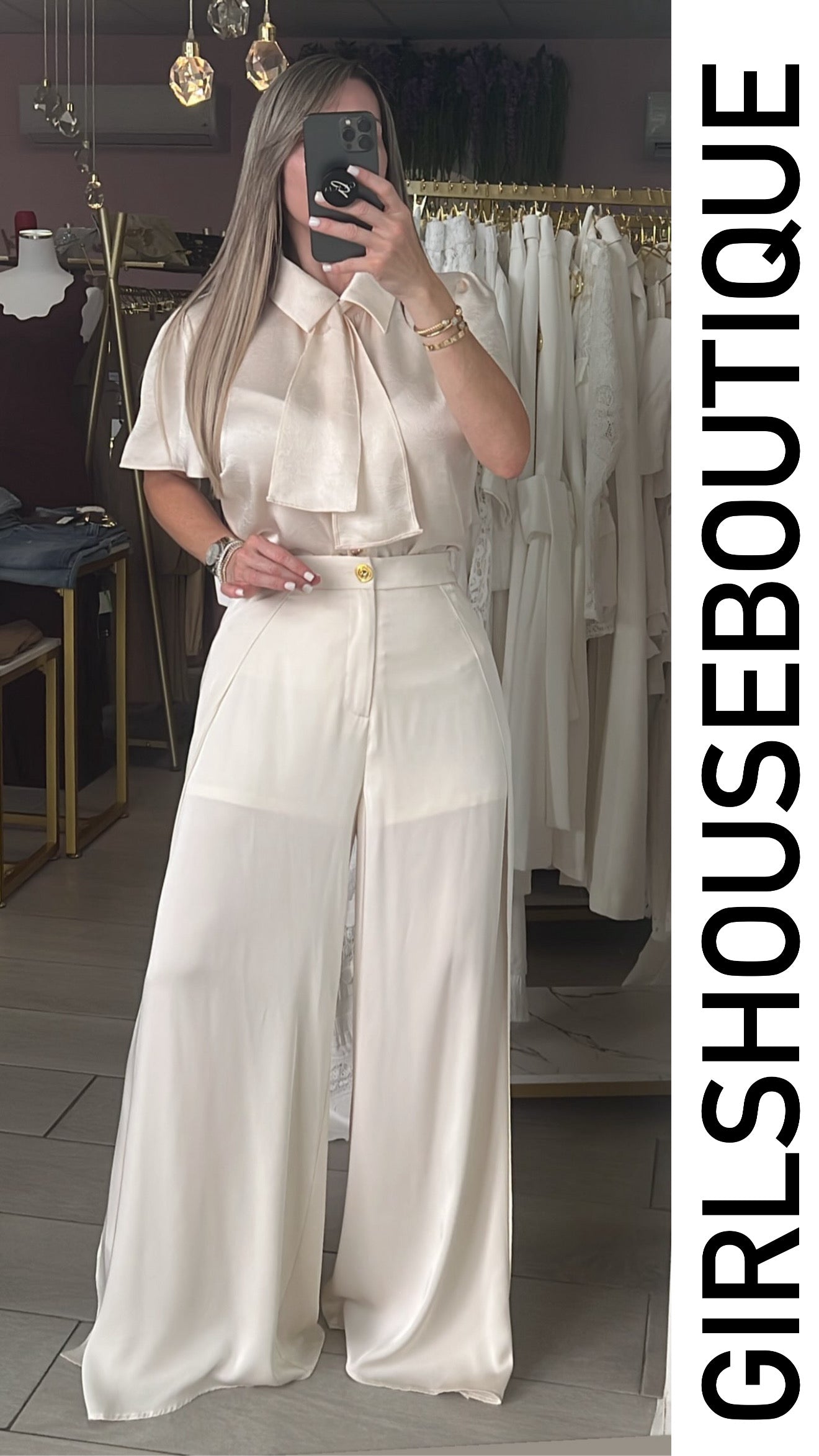Champagne Satin/Gold Hearts Front Buttons Blouse
