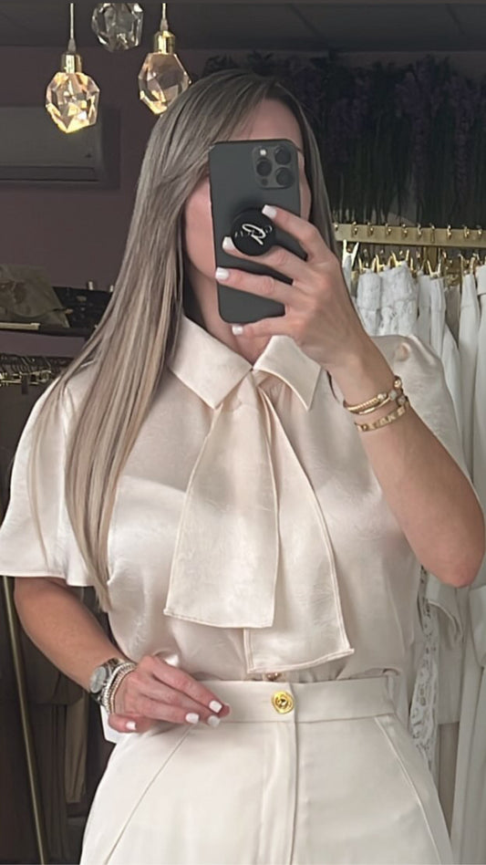 Champagne Satin/Gold Hearts Front Buttons Blouse