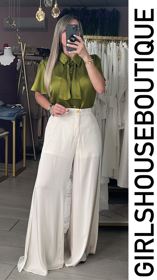 Olive Satin/Gold Hearts Front Buttons Blouse