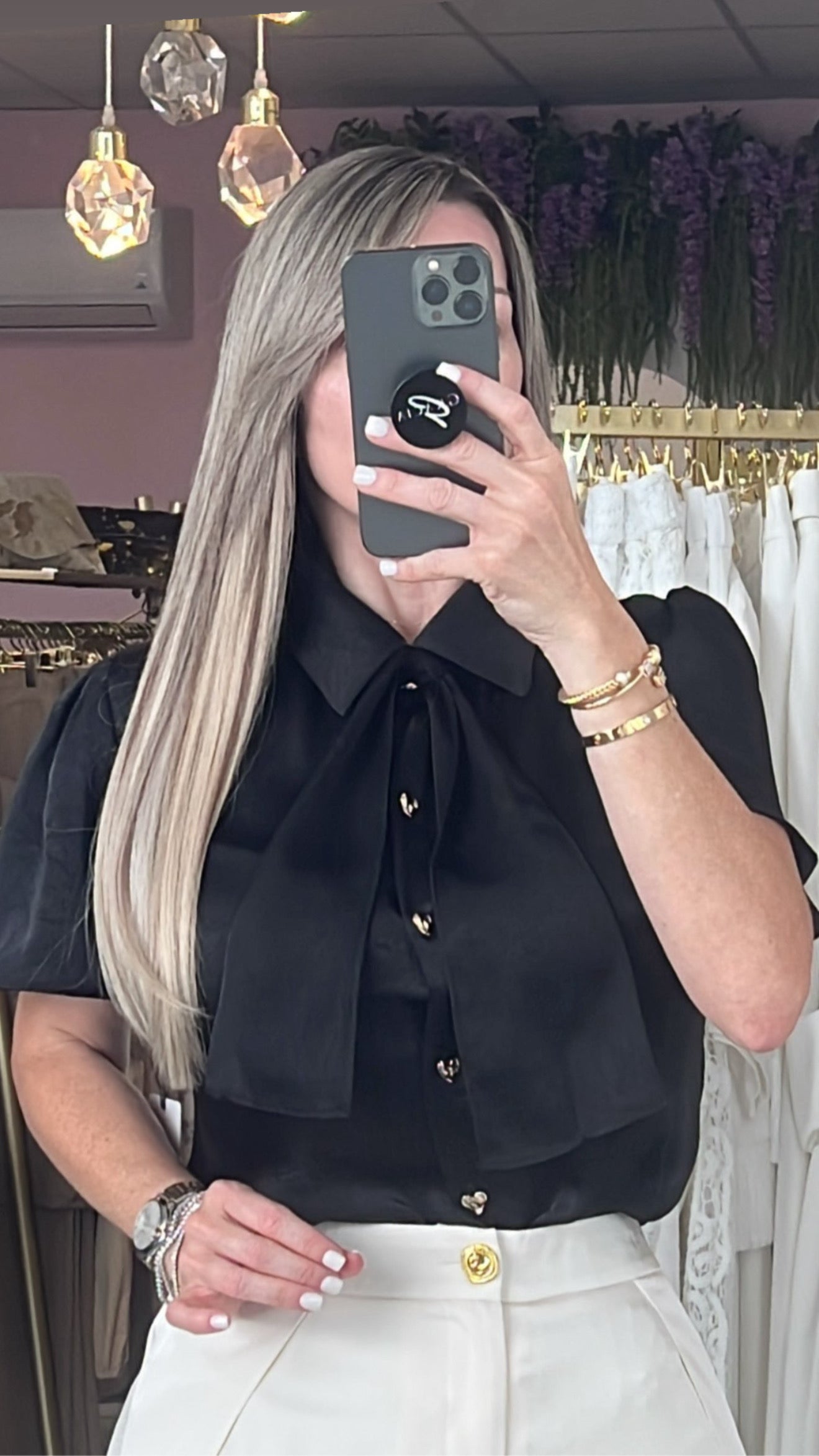 Black Satin/Gold Hearts Front Buttons Blouse