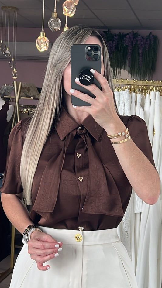 Brown Satin/Gold Hearts Front Buttons Blouse